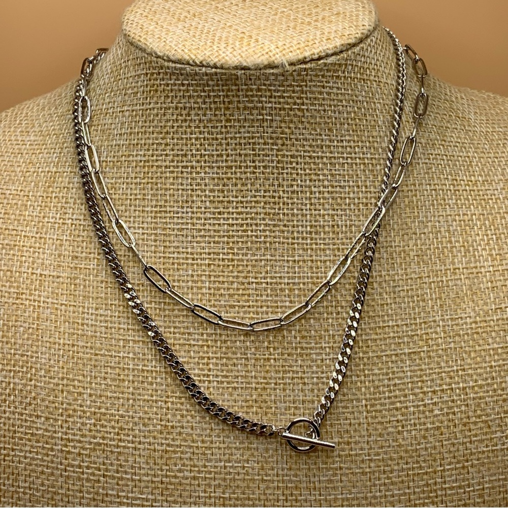 Silver Tone Layered Choker Paperclip Chain Necklace